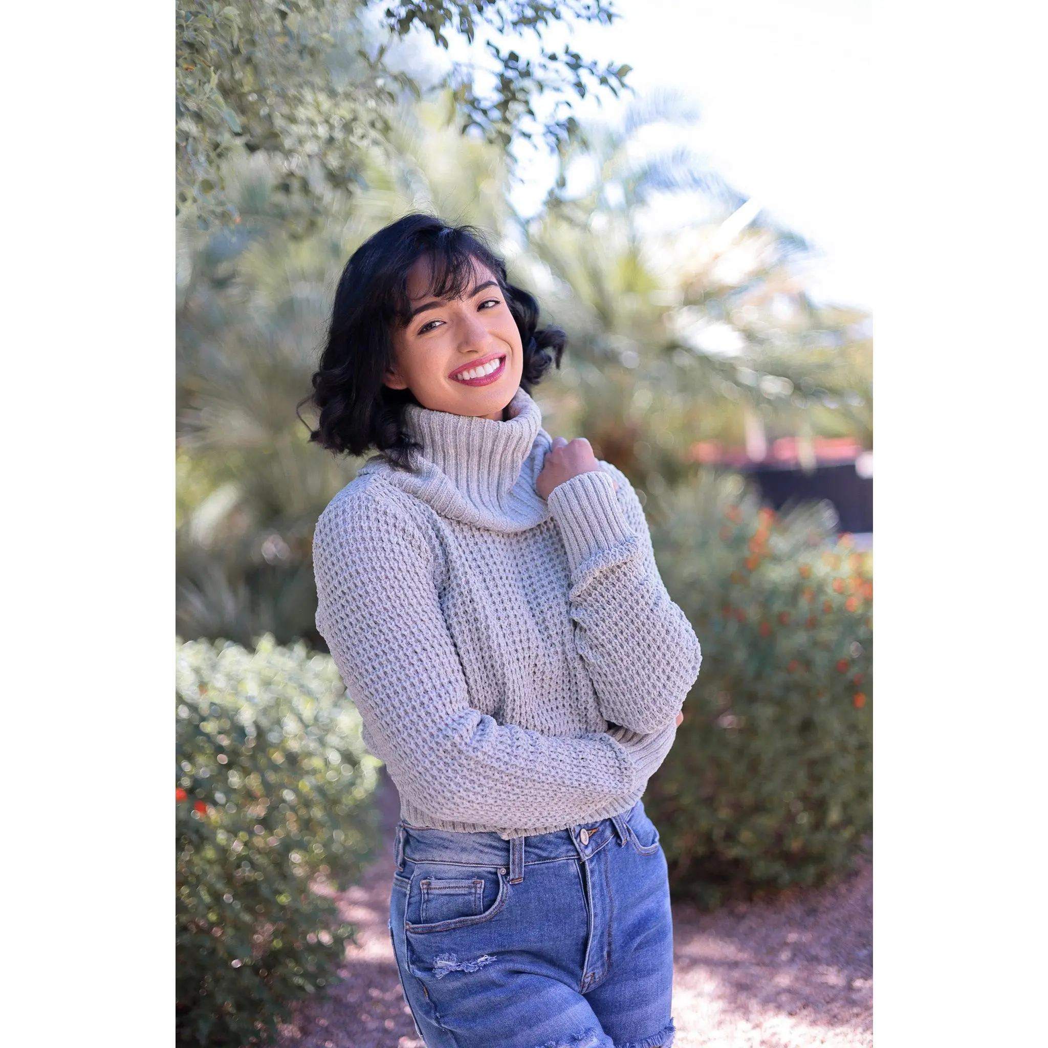 Light Sage - Cozy Knit Cropped Sweater - Turtleneck