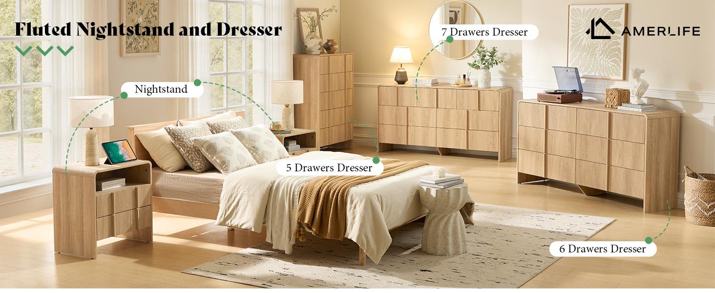 AMERLIFE 2 Different Style Modern Night Stand with Storage Drawer & Open Shelves, Small Nightstand & Bedside Table with Open Shelf, Curved Profile Design & Pine Handles, Wood End Table for Bedroom, Living Room,