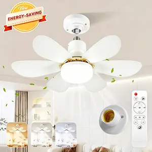 Socket Ceiling Fan Light with Remote Control, E27 Base Dimmable LED Energy-saving Lights with 3-Speed Wind Adjustment, Replacement for Lightbulb Base