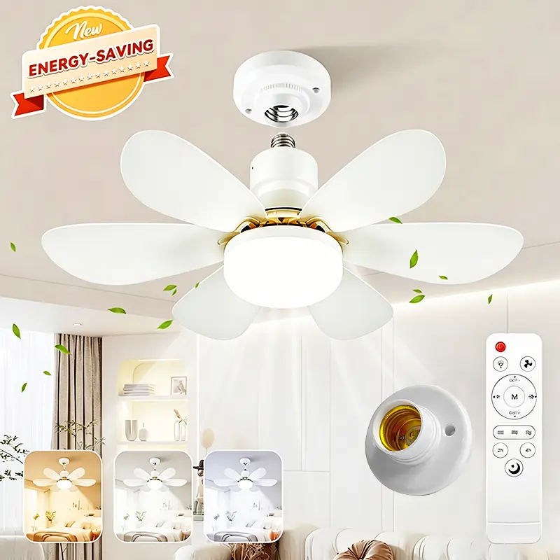 Socket Ceiling Fan Light with Remote Control, E27 Base Dimmable LED Energy-saving Lights with 3-Speed Wind Adjustment, Replacement for Lightbulb Base