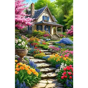 1PCS Diamond Painting Kit Spring Cottage Garden with Colorful Flowers and Stone Path DIY Rhinestone Art