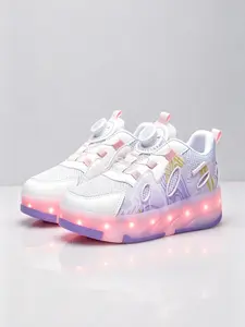 Toddler Kids LED Light Up Roller Skate Shoes, 4 Wheels Retractable Flashing Sneakers, Adjustable Knob Breathable Mesh Casual Sports Shoes for Boys Girls Outdoor Play Trainers