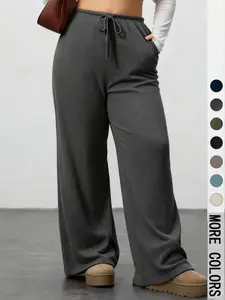 Women's Comfortable Casual Streetwear Pants, Casual Comfy Baggy, Fashion Drawstring Drape Wide Leg Long Pants, Stylish Loose Fit Ladies' Bottoms, Casual Bohemian Trousers