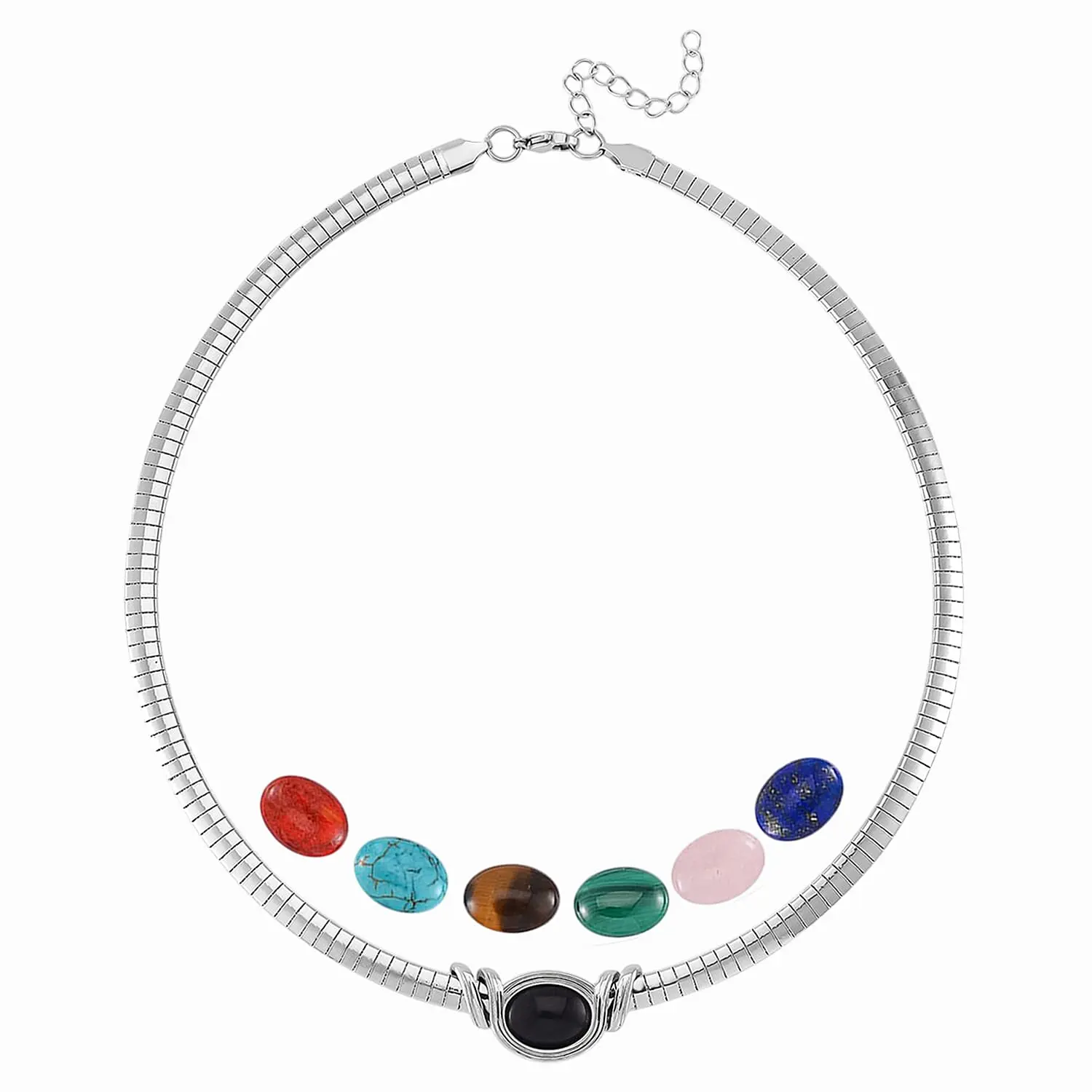 7pcs Interchangeable Multi Gemstone 51.00 ctw Omega Chain Necklace 18-20 Inches in Stainless Steel 7pcs Interchangeable Multi Gemstone 51.00 ctw Omega Chain Necklace 18-20 Inches in Stainless Steel