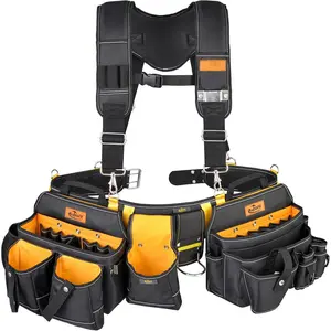 7- Professional Tool Belt with Suspenders for Men - 1680D Construction Tool Belt, Electrician & Carpenter Tool Belt Rig, 32 Pockets Framing Tool Belt for Carpenters & Framers - Fits 36"-49"