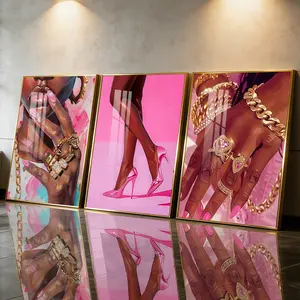 3Pcs Aluminum Alloy Framed Painting, Pink Glamorous Jewelry And Heels Art Picture, Home Decoration For Living Room, Bedroom Wall Decor, Rectangle Wall Art, Odorless Print Artwork, Luxury Gift For Friends And Family