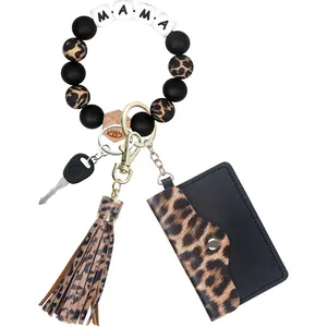 Wristlet Keychain with Card Holder, Beaded Bracelet Key Chain Pocket Wallet, Mama