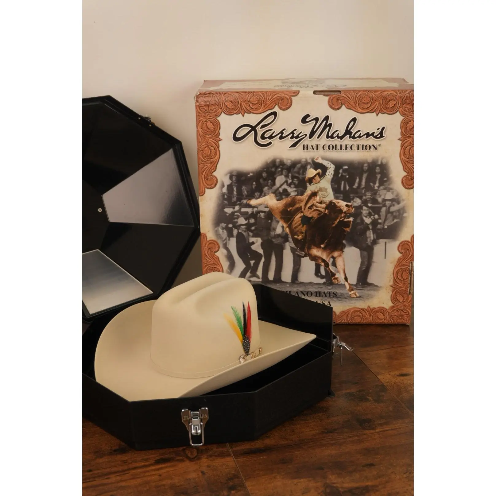 Larry Mahan's 500X Version Superior Silver Belly Texana Cowboy Hat - Unisex, Varied Sizes, Elegant Design with Gold Toquilla Band, Colorful Feathers, Unique Seams, Quality and Style, Superior Materials