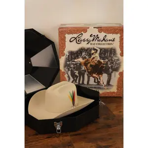Larry Mahan's 500X Superior Silver Belly Texana Hat with Gold Toquilla & Colorful Feather Design in Original Black Box