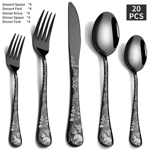 Stainless Steel Cutlery Set, 5/20pcs Gothic Black Skull & Rose Design Dinner Knife/Fork/Spoon/Dessert Fork, Ideal Gift for Halloween, Day of the Dead