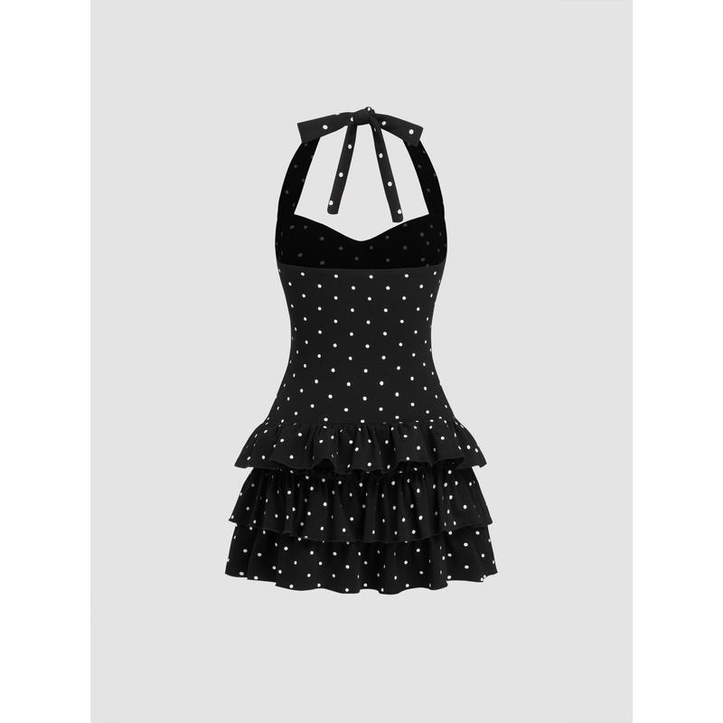 Cider Cotton-blend Halter Neckline Polka Dot Ruched Layered Mini Dress