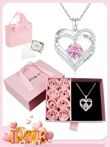 Rose Flower Gift Box Set with Birthstone Heart Necklace, Perfect for Mom Daughter Girlfriend Wife Birthday Christmas Valentine's Day, Birthday Gift Jewelry