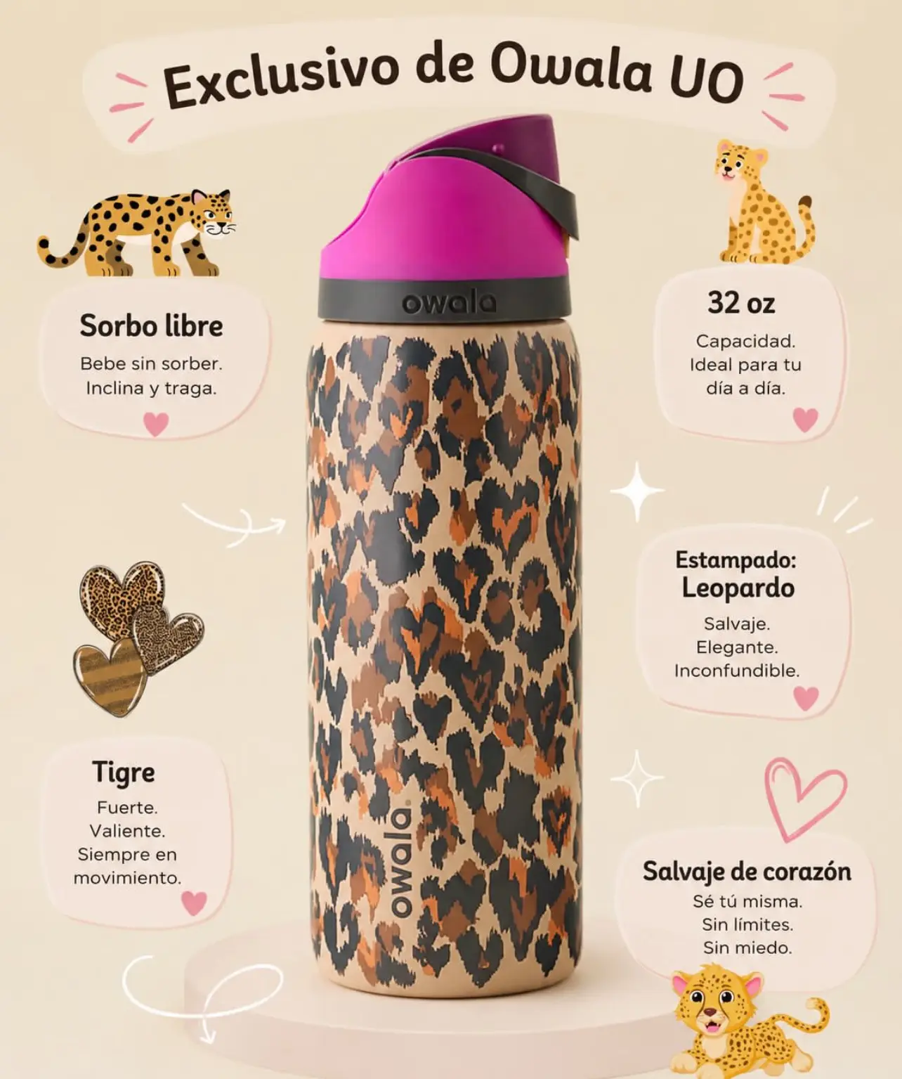 Owala FreeSip 32oz Stainless Steel Insulated Water Bottle - Printed Leopard Design, Steel Body, Straw Lid, Modern Stylish, Daily Use Drinkware, Cute Gift for Women