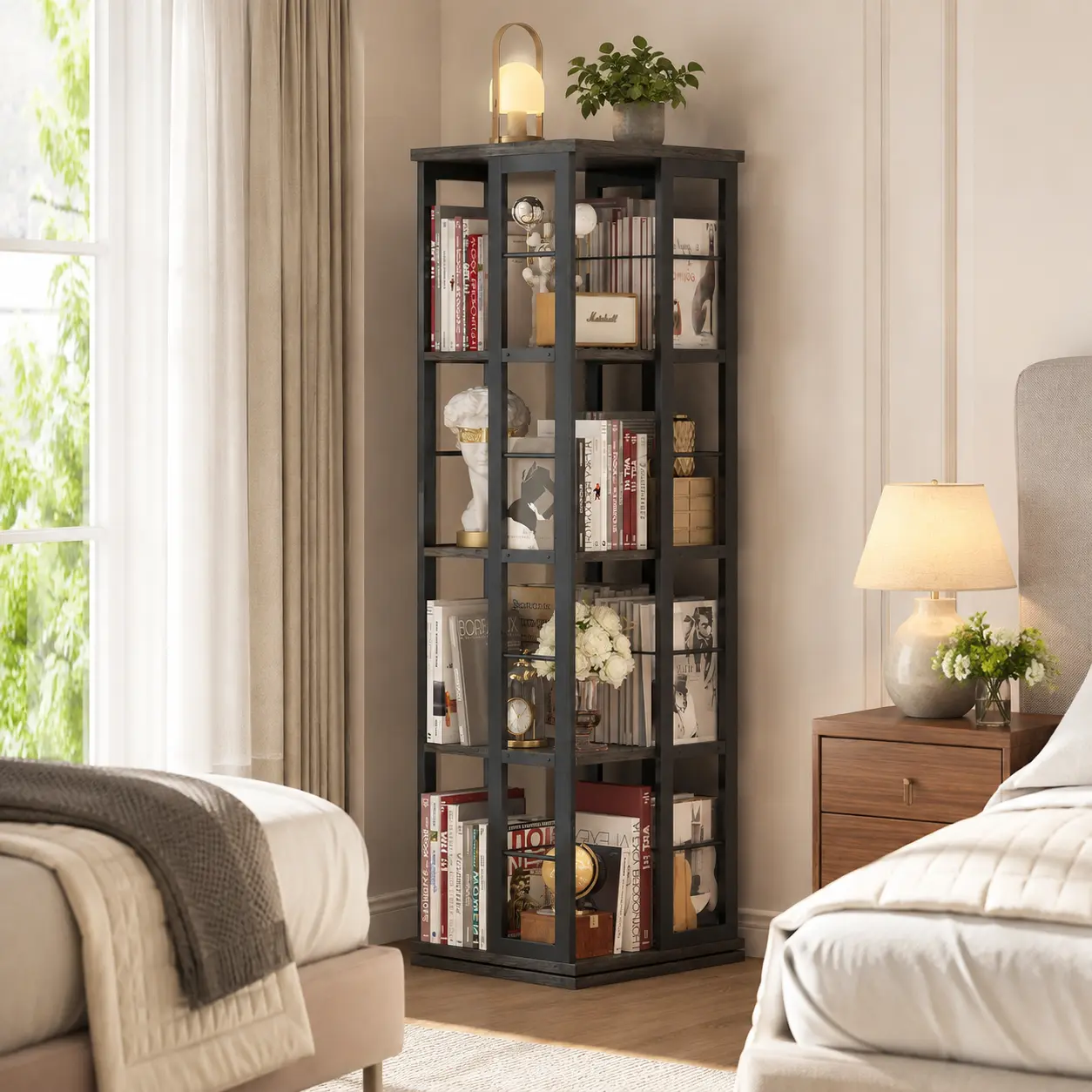 Rotating Bookshelf, Corner Bookcase, 360° Display Wood Spinning Bookshelves, Floor Standing Bookcases Narrow Shelf, 5 Tiers
