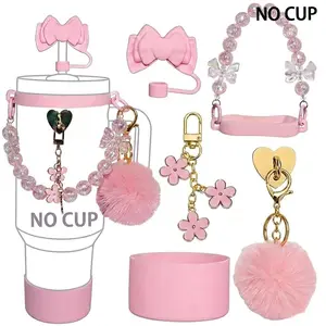7pcs Cute Cup Accessories Set Straw Spout Lid Bow Straw Cap Topper Drinkware Lid Pom-Pom Bead Chain Flower Charm & Silicone Sleeve Boot for 40oz/30oz Tumbler Kawaii Drinkware Gift for Women
