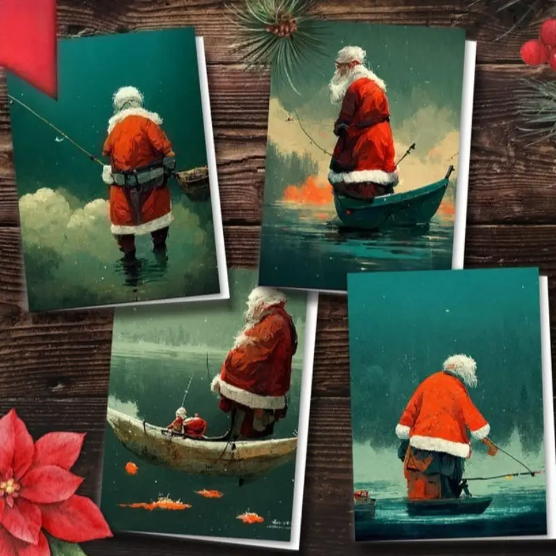 4pcs Christmas Fishing Digital Cards, Christmas Fishing Cards, Fisherman's Christmas Cards, Christmas Digital Cards