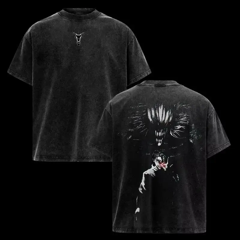 Women's Short-Sleeve Ribbed Seamless Black Acid Washed Jujutsu Kaisen Yuta Okkotsu & Rika Double-Sided Print Cotton T-Shirt - Thick, Soft 90s Grunge Streetwear Day Outfits for Jujutsu Kaisen Fans