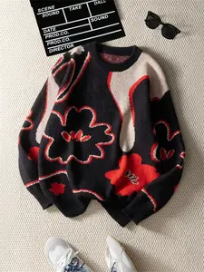Autumn outfit, men's fashion floral pattern classic style, round neck long sleeve Fitted knitted pullover Knitwear, eye-catching street outfit, comfortable and versatile unisex.
