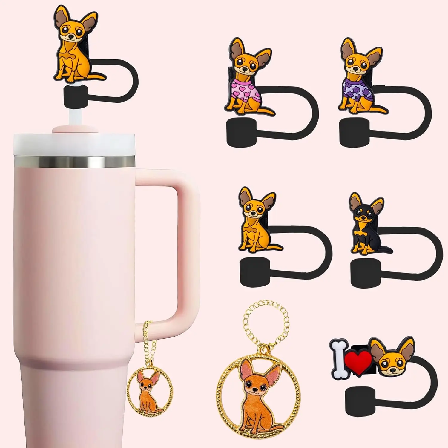 Chihuahua Straw Topper Set for Stanley Cup, 5-Piece Cute Dog Mom Gift, Silicone Straw Covers for 40oz Tumbler Accessories, Chihuahua Lover Gifts