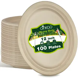 Ginkgo 100 Pack Oval Heavy Duty Paper Plates 12 Inch, Disposable Large Paper Plates Bulk for BBQ, Party, Picnic, Dessert and Every Day
