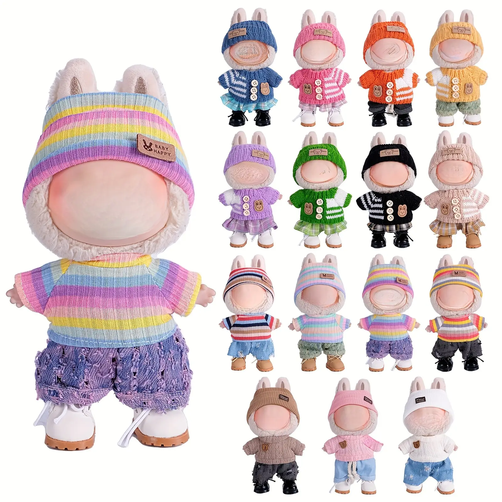 6.69inch Labubu Doll Clothes Set with 3, Stylish Fisherman Hat, Sweaters, Pants or Skirt for Bulabu Dolls, Perfect Accessories for Play & Display, Lif