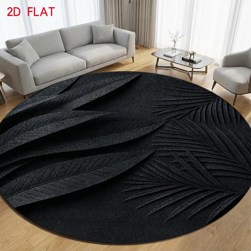 2D FLAT Rugs, Round Carpet for Living Room, Modern Design, Soft Floor Mat, Black with Three-Dimensional Leaf Veins, Round Modern Art Carpet, Non-Shedding Floor Carpet for Bedroom, Dining Room, Kitchen, Entrance, Machine Washable Kitchen Carpet