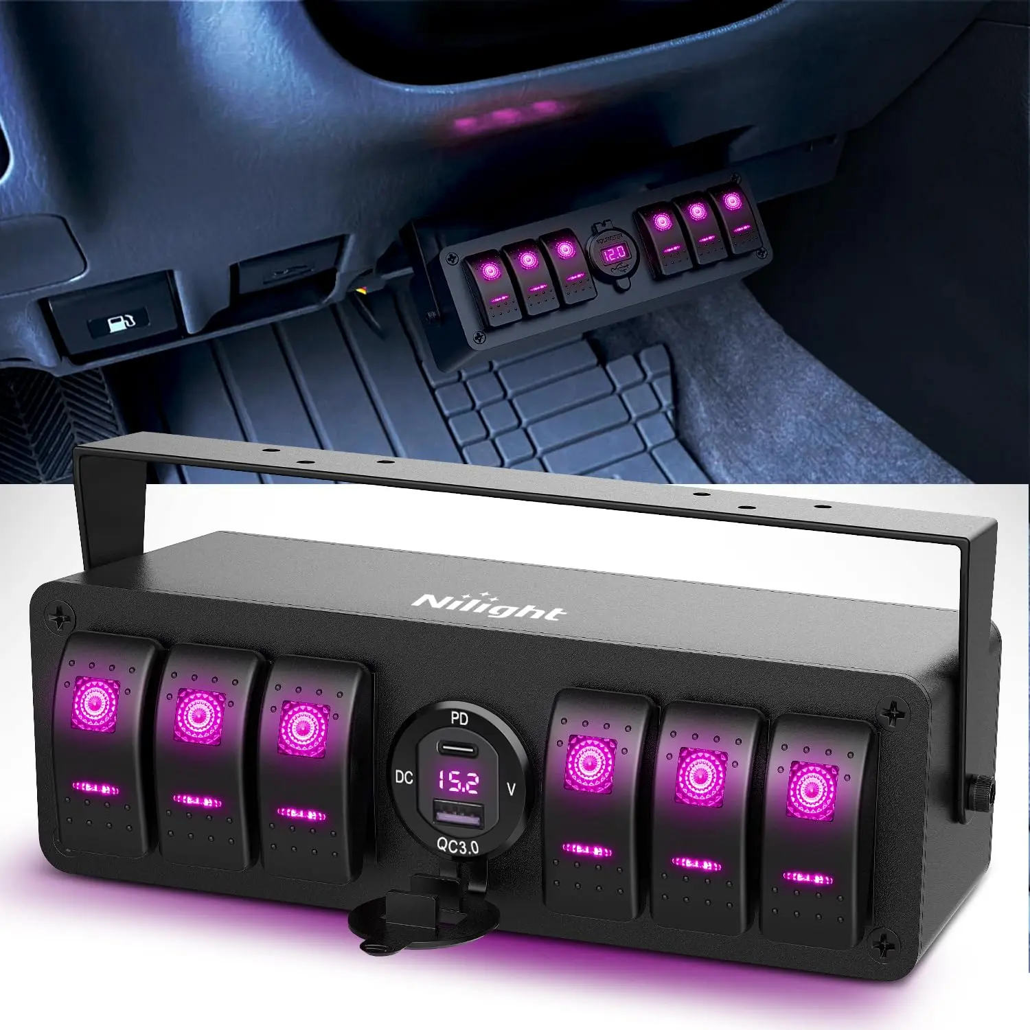 Nilight 6-Gang 12V/24V SPST ON-Off Rocker Switch Box - PD Type-C, QC 3.0 USB Socket, Voltmeter, Purple LED, Waterproof Aluminum Pre-Wired Wiring Rotatable Bracket Panel, DIY Stickers for Boat, Caravan