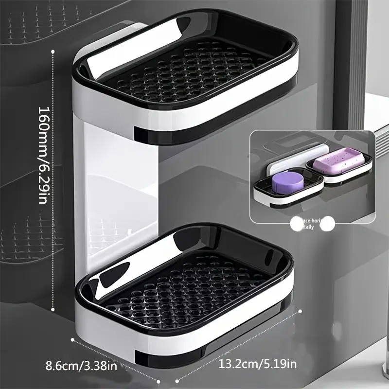 Double Wall-Mounted Soap Box with Drainage - Innovative Upgrade, No Drilling Installation, Plastic Square Design for Bathroom and Shower Storage, Self Draining Soap Holder Bathroom Soap Dish
