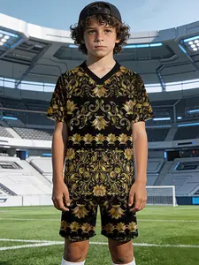 Black Gold Baroque Boys' V-neck Short-sleeve and Shorts Sports Set, 100% polyester, casual and loose-fitting. It features summer casual, fashionable and interesting printed patterns, suitable for summer outdoor physical activities and daily casual wear. I