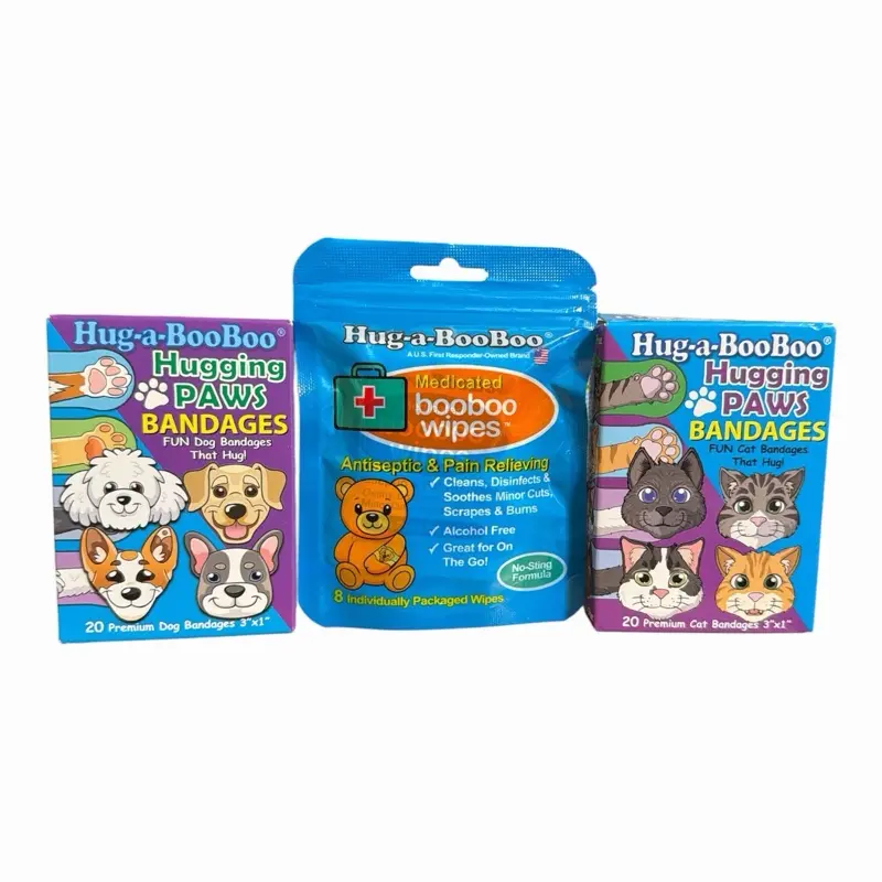 Hug a boo-boo fun dog and cat bandages that hug set! First aid kit, 20 premium dog bandages 3inx1in, 20 premium cat bandages 3inx1in, plus 8 medicated, boo-boo wipes with anesthetic and pain relieving individually wrapped