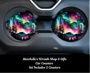 Aurora Mountains 2-Pack Neoprene-Ceramic Car Cupholder Coasters, Ceramic Automotive Interior Accessories for Standard Cupholders, Stylish Functional Decoration