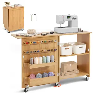 VEVOR Folding Sewing Table, Multipurpose Sewing Machine Table with Compact Design, Wheels, Shelves, Storage Trays, Wooden Pegs, and Magnetic Doors, Sewing Desk Cabinet for Sewing Machine, Wood Color