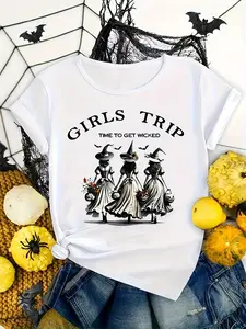 Women's Soft Witch T-Shirt with Cute 3 Wizards & Trip' Lettering - Loose Fit Short Sleeve Round Neck Casual Top, Machine Washable Summer Outfit for Spring Summer Fall, Themed Costume Apparel