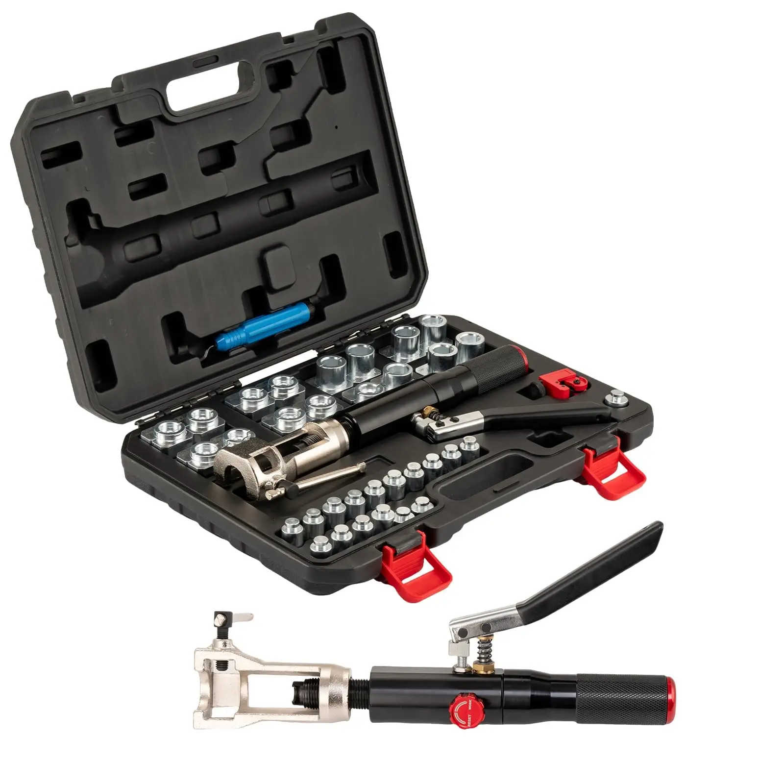Garvee Manual Hydraulic Flaring Tool Kit - 45° Double & Inverted Flaring, 33 Sizes for 3/16"-1/2" Tubing, Pipe Cutter, Deburrer, Breathable Mesh, Dual-Access Doors, Leak-Proof Cylinder, Precision Relief Valve for Brake & Copper Line Repair, Leak-Proof Oil