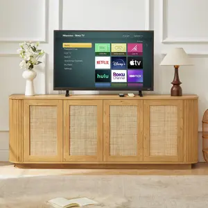 [SOIYELIFE] 64-inch wave shaped TV stand, rounded corner sideboard, storage cabinet, buffet, wood vertical striped cabinet with rattan doors for kitchen/bedroom/entryway.Natural, 64''W x 15''D x 24''H,Unique furniture media  console