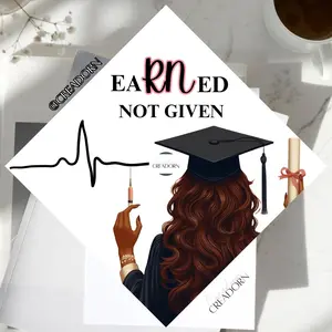 RN Nurse Grad Graduation Cap Topper for Female Graduates - Depiction of Nurse in Cap and Gown Holding Diploma and Syringe with Motivating Quote
