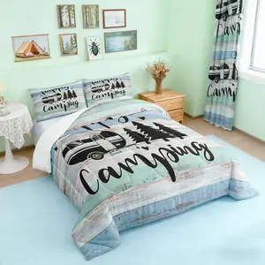 Campers Bedding Set,Happy Camping Comforter Set,Microfiber RV Inside Decor Duvet Bedding,Camper Accessories for Travel Trailers