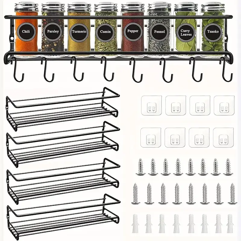 Black Matte Steel Rectangle Wall-Mount Single-Layer Spice Rack Shelves (4-Pack) - Easy-Install Space Saver Home Organizer for Kitchen/Bath, Sturdy Storage for Spice Jars & Small Tools