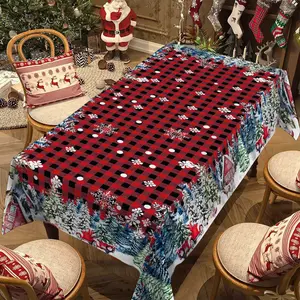 Rectangular Christmas Tablecloth, Plaid Background, Tree and Snowflake Design, Perfect for New Year Party and Dinner Decorations, Best Christmas Gift