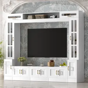 ARCH VIBE HAUS 98.4" W Wall Unit Entertainment Center, Modern TV Stand Living Room Media Console with Bookshelves, Cabinets, Tempered Glass Doors, Adjustable Shelves for TVs up to 80"