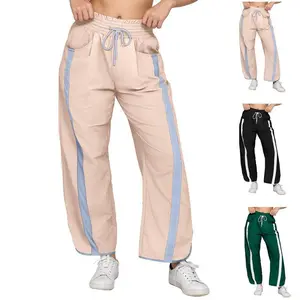 Comfortable Casual Drawstring Pants New Women's Baggy Wide Leg Pants Elastic Waisted Contrast Color Workout Track Pants 2025