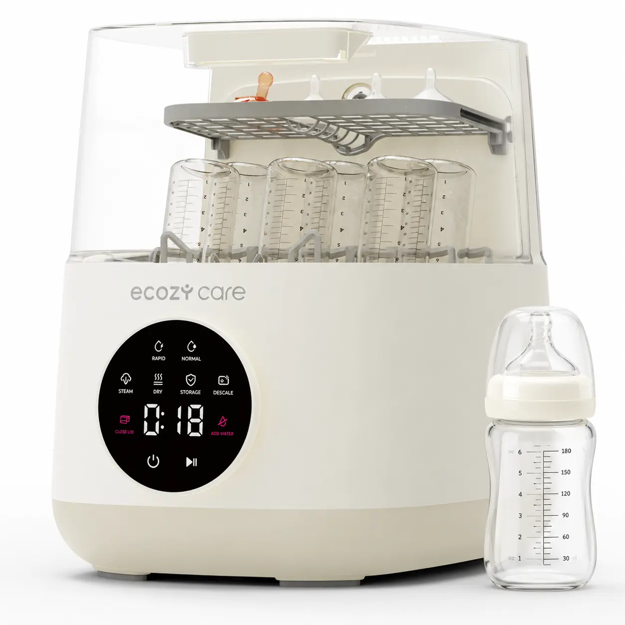 ecozy Baby Bottle Washer & Dryer, All-in-One Bottle Care System for 6 Bottles + Pump Parts, 39 Spray Jets, All-Around Wash, Steam Cycle, Drying, 72H Storage & Descale