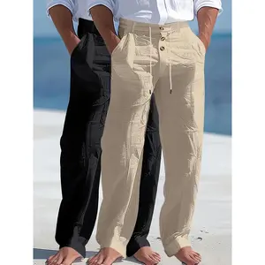 2pcs Men's Linen Solid Color British Style Business Casual Straight Leg Trousers with Drawstring Elastic Waistband and Button Design Suitable for Outdoor Travel Fitness Sports and Daily Wear Casual Outdoor Pants Linen Tr