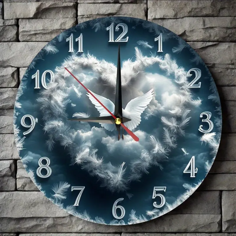 A non-electric heart-shaped acrylic circular wall clock, suitable for farmhouse-style home decor, ideal for the kitchen, bedroom, or office. It is easy to read, silent with no ticking sound, does not require batteries, and measures 24.89X 24.89cm