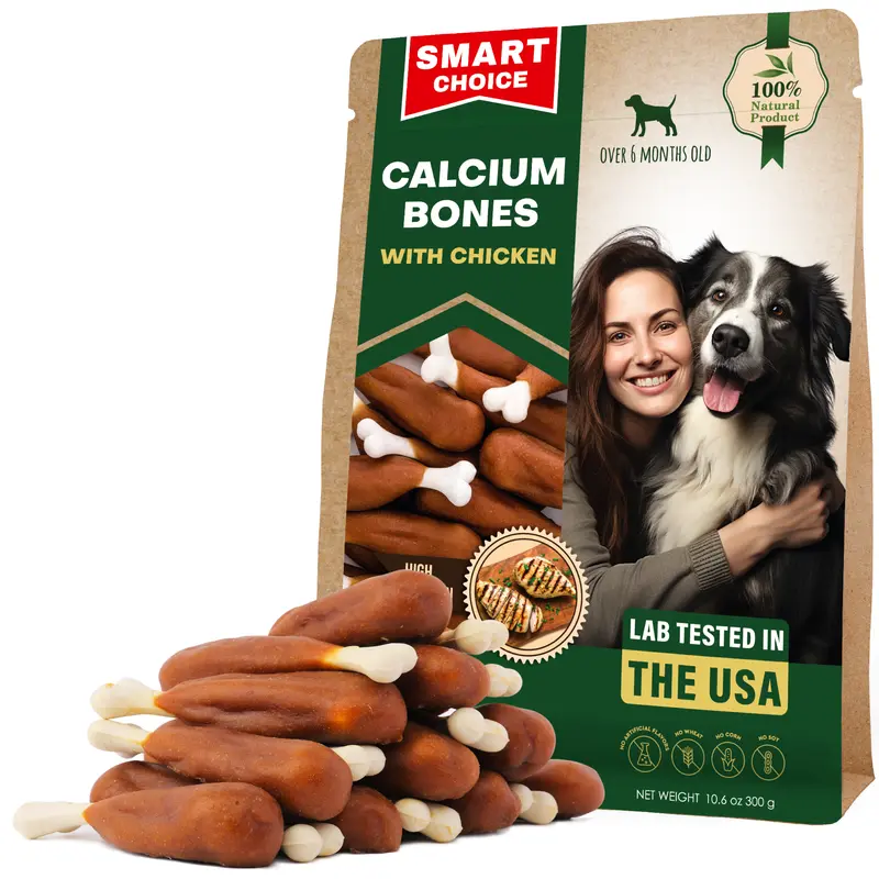 Beloved Pets Dog Calcium Chew Treats - Chicken-Wrapped, Rawhide-Free, High Protein 50mg, Grain-Free, Long-Lasting Chewy Bones, Puppy Treats