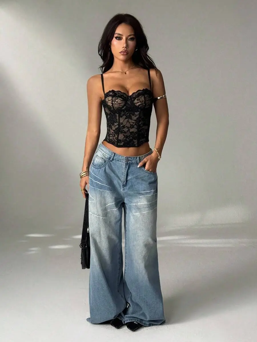 Petite Women's Black Floral Lace Sheer Camisole Corset Top Sexy Strapless Bralette for Party & Date Night