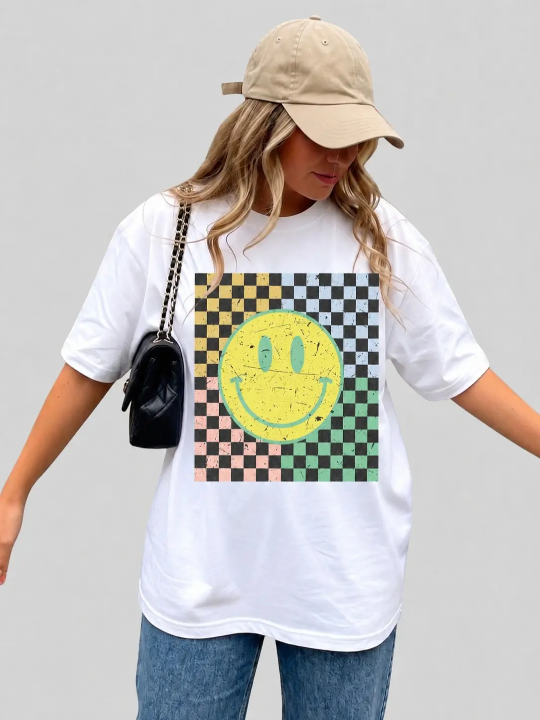 Retro Smiley Face Graphic Tee, Vintage Checkerboard Smile Shirt, Happy Face T-Shirt