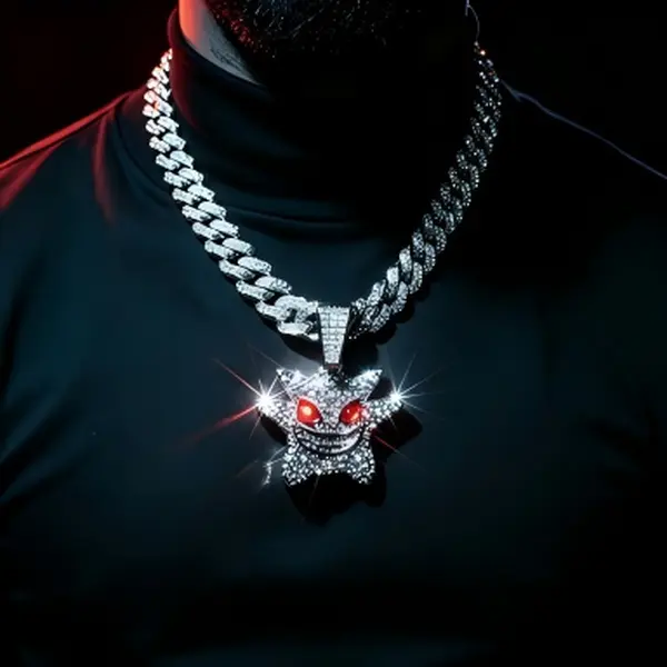 Handcrafted Stainless Steel Iced Out Star Ghost Necklace | Unisex Silver Cuban Link Chain Red Eye Bling Hip Hop Jewelry