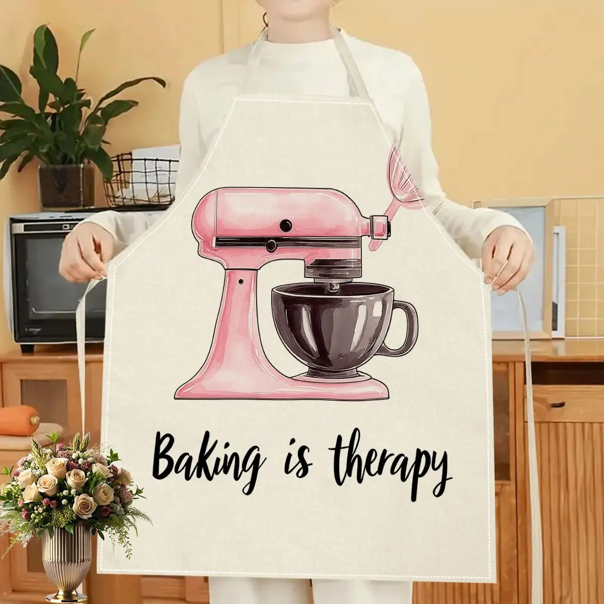 Linen Apron, Kitchen Cooking Apron, with Single-Sided Print Design - Unisex, Sleeveless, Ideal for Baking Lovers. Showcases Pink Stand Mixer & 'Baking Is Therapy' Saying - Perfect for Home Cooks And Bakers