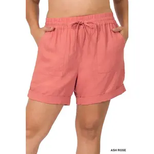 ZENANA Plus Linen Drawstring-Waist Shorts with Pockets